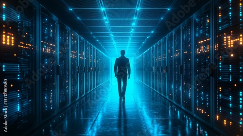 Obraz na płótnie Mysterious figure walks through a high-tech data center illuminated by vibrant blue lights w salonie