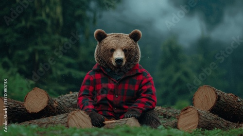Bear in Plaid Jacket Sitting on Logs in Forest with Misty Background