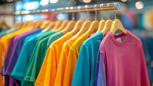 Colorful assorted t-shirts displayed on hangers in a retail store setting for shoppers to browse