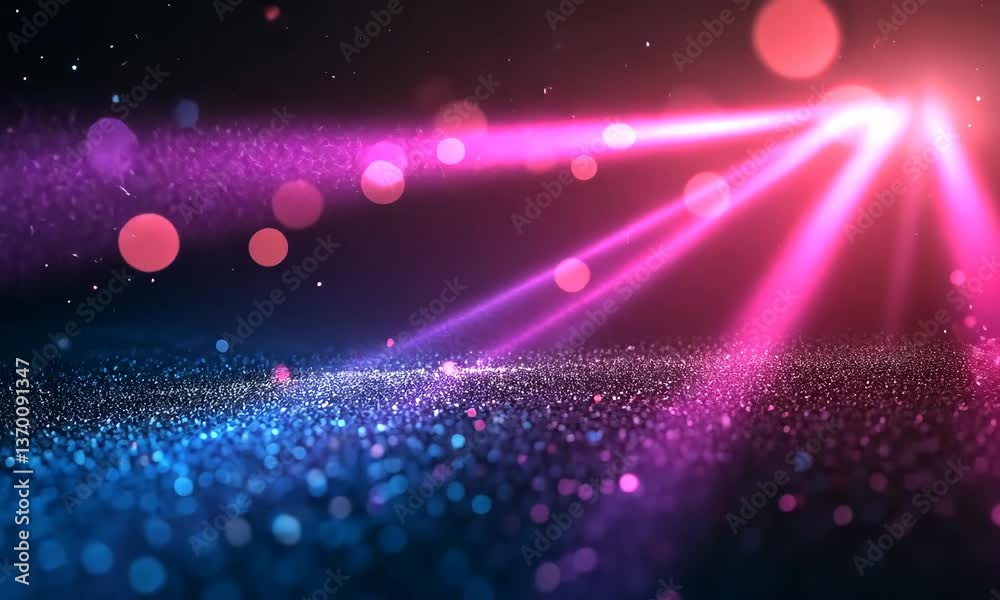 Abstract glowing arrow with bokeh particles floating in colorful and magical space