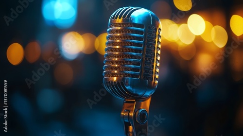 Vintage microphone ready for live performance in a vibrant music venue with glowing lights