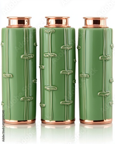 Elegant Green Ceramic Vases with Copper Accents and Bamboo Texture