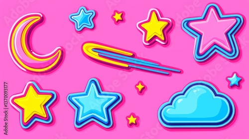Colorful Cartoon Celestial Elements: Stars, Moon, and Cloud on Pink Background