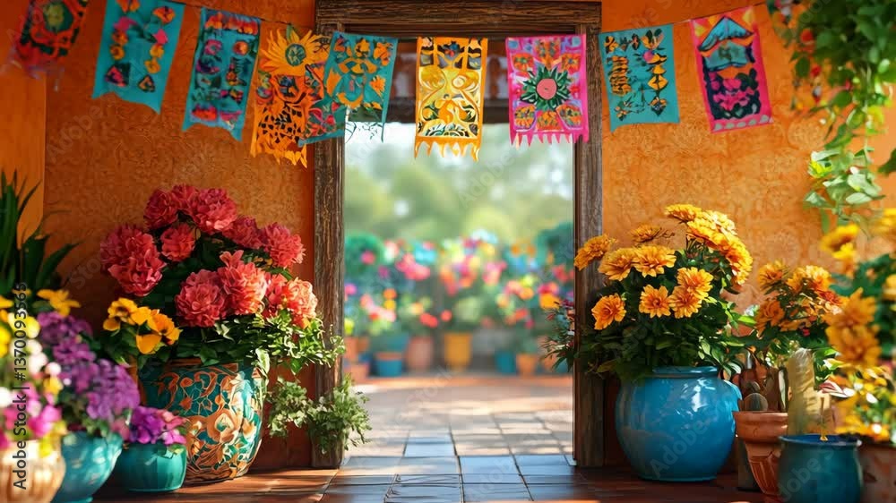 Colorful Mexican patio with papel picado banners and vibrant flowers for fiesta