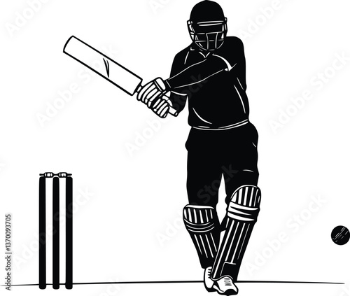Cricket batsman silhouette in action with bat and ball, black and white vector illustration of gameplay