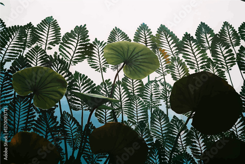 A whimsical seamless pattern of bright green, wavy lotus leaves, floating alongside turquoise pitcher plant silhouettes