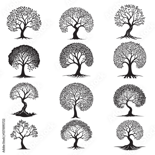 A set of vector trees featuring floral patterns and leaf silhouettes for nature-inspired design elements