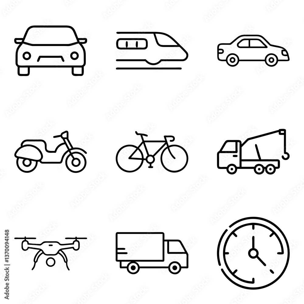 Various modes of transportation in minimalist line art style  