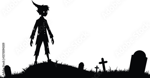Silhouette of a ghost in a graveyard, spooky black and white Halloween illustration with tombstones and eerie moonlight