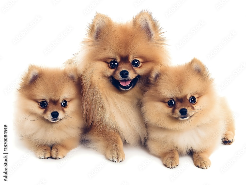 Obraz premium Adorable Trio of Fluffy Pomeranian Puppies on White Background - Perfect Pet Portrait for Dog Lovers