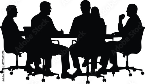 Silhouettes of a business team in a meeting room setting. Black and white vector 