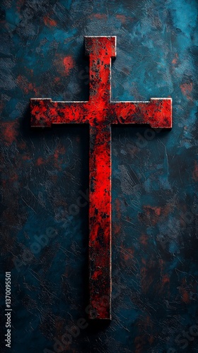Grunge Cross Symbol: Vibrant Abstract Religious Icon in Red & Blue - Faith and Spirituality in Contemporary Art