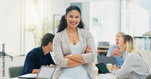 Portrait, business people and woman in meeting, arms crossed and confidence with real estate. Face., employees and renovation agency in workplace, pride and planning for property development or smile
