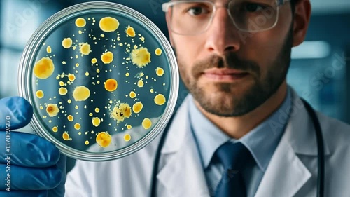 Scientific Scrutiny: A focused scientist with glasses and protective gloves examines a petri dish filled with bacteria. A candid look into the world of scientific research.