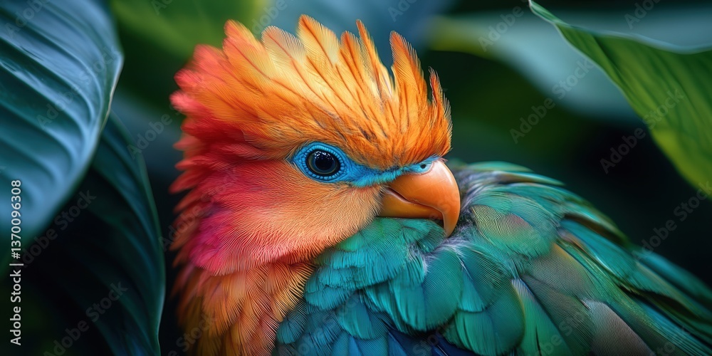 Obraz premium Vibrant parrot with vivid plumage nestled among lush green leaves.