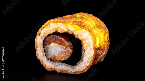 Delicious Grilled Sushi Roll with Fish and Rice on Black Background