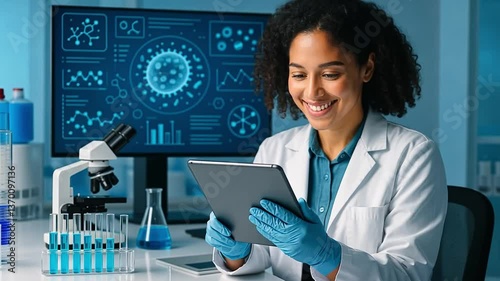 Scientist in Lab: A skilled scientist, donned in a lab coat and gloves, meticulously analyzes data on a digital tablet.