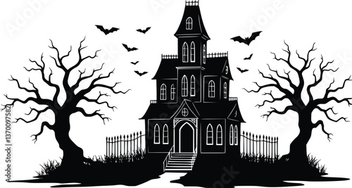 Silhouette spooky haunted house with bats and trees under moonlight in a gothic style