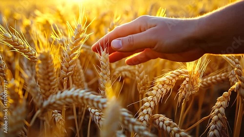 Child's hand touches wheat field at golden hour. Possible use stock photo