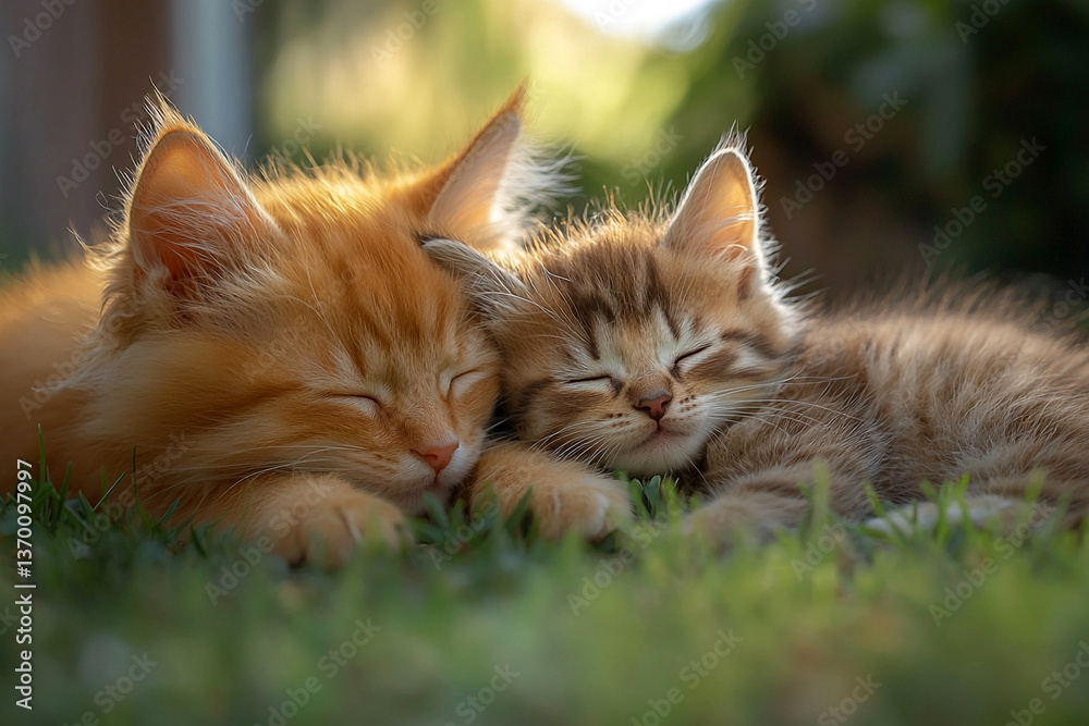 Obraz premium Two Adorable Kittens Napping Together Outdoors.Orange and Tabby Kittens in Sweet Slumber