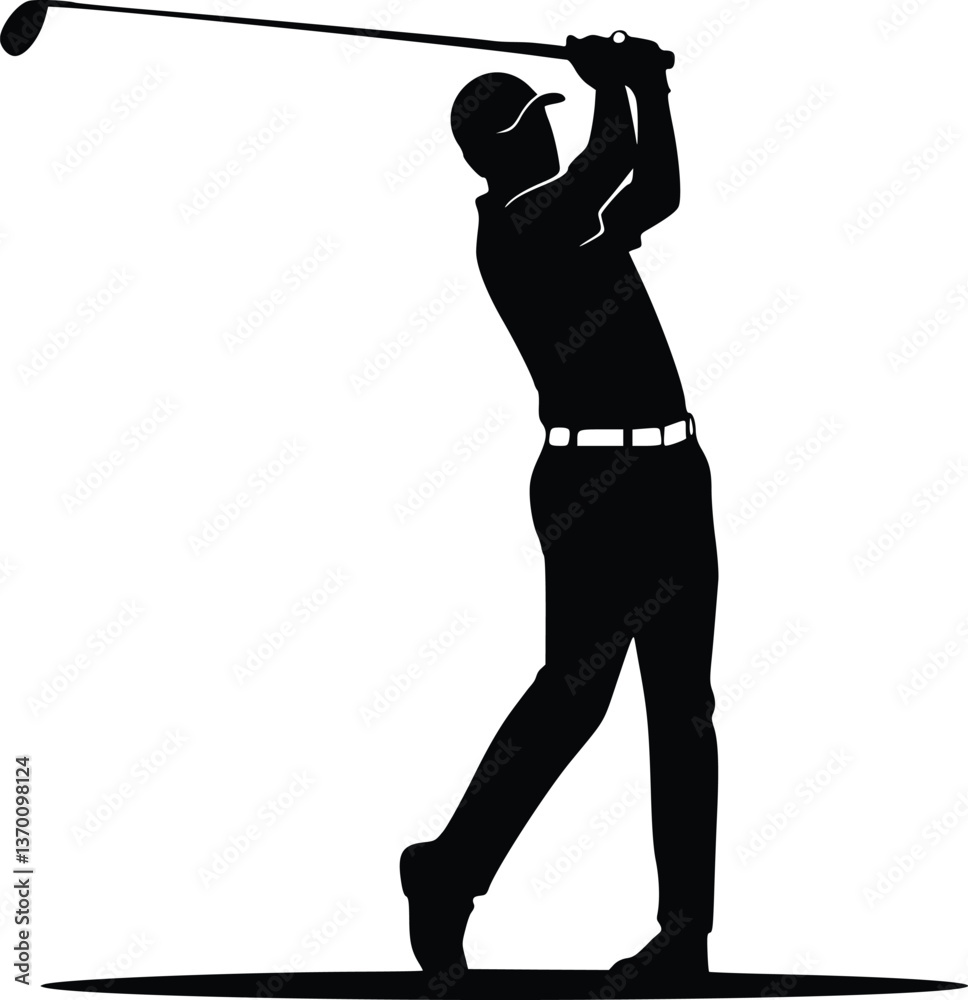 Black and white silhouette golfer taking a swing on the green in a black and white golf scene Black and white silhouette golfer taking a swing on the green in a black and white golf scene