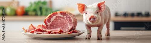 cute piglet stands beside plate of sliced ham, showcasing connection between farm animals and food. scene evokes sense of warmth and familiarity