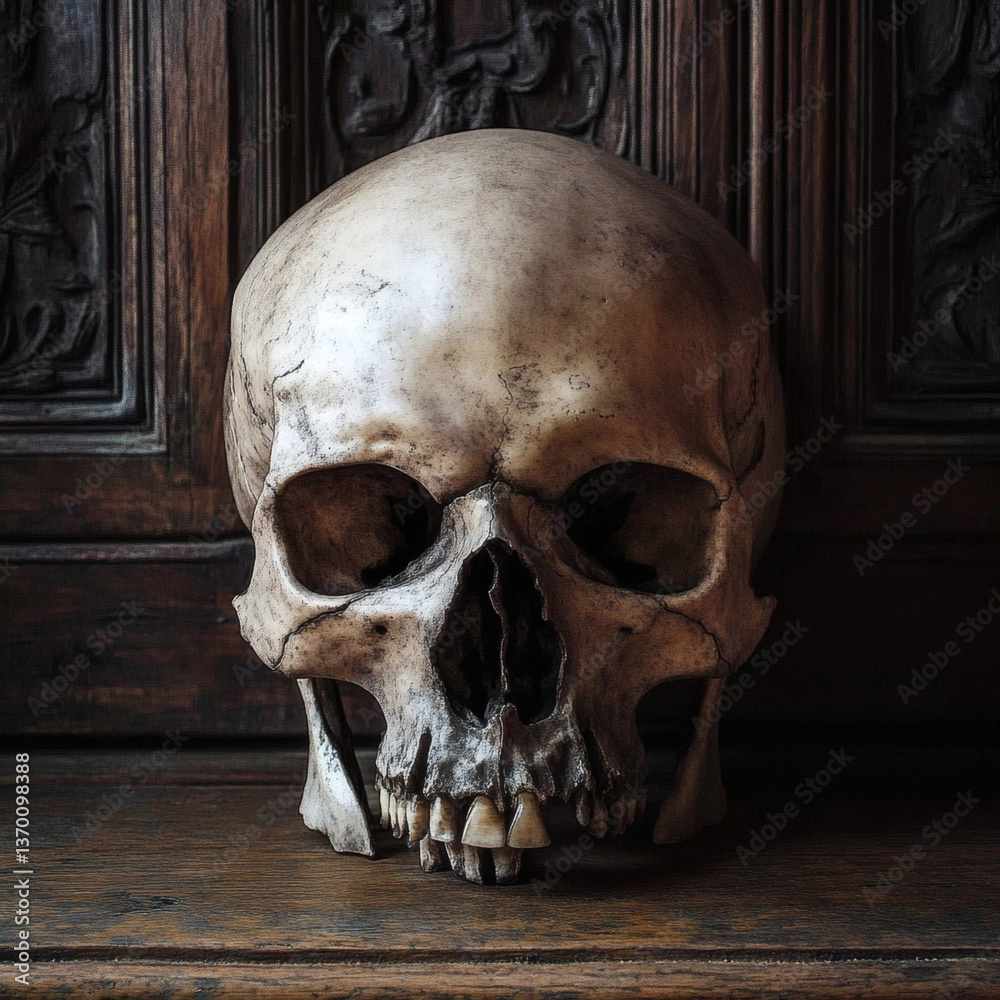 Obraz premium Realistic Human Skull on Dark Background with Dramatic Shadow and Lighting