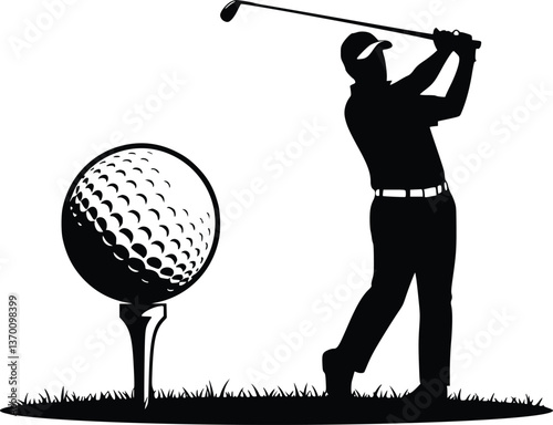 Black and white silhouette golfer taking a swing on the green in a black and white golf scene