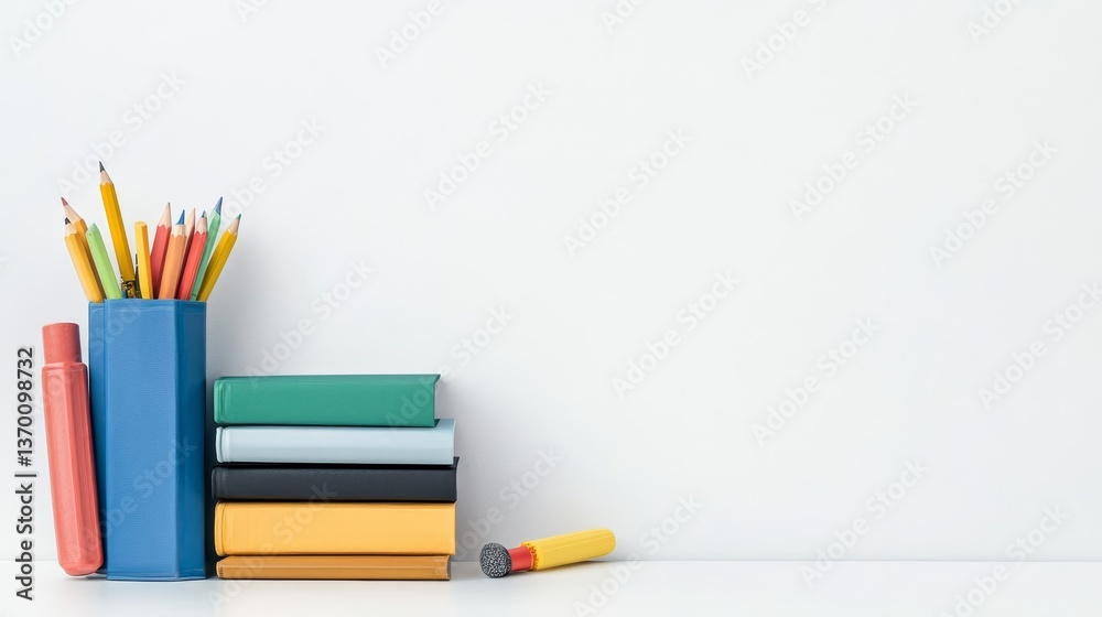 Fototapeta premium Colorful stationery collection with books and art supplies on desk