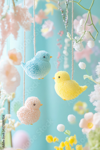 Easter background with colorful chicken toys.