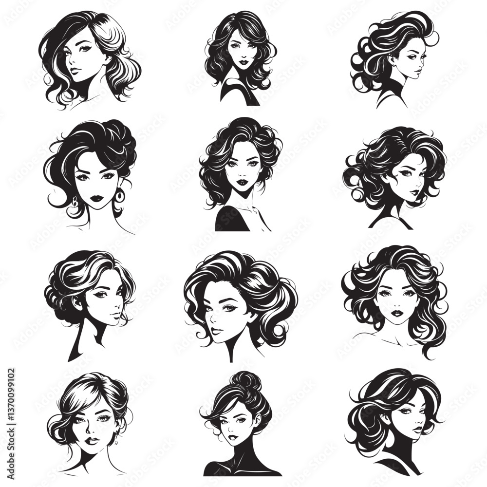 Set of vector illustrations of women's faces with various hairstyles and expressions Set of vector illustrations of women's faces with various hairstyles and expressions