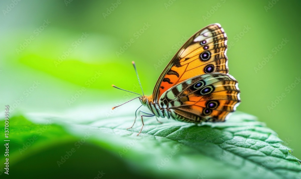Obraz premium Close-up captures the intricate patterns of an orange and black butterfly perched on a lush green leaf.