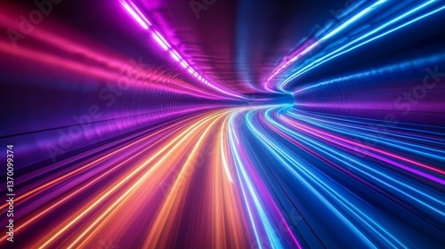 Futuristic Sports Car On Neon Highway. Powerful acceleration of a supercar with colorful lights trails. generative AI