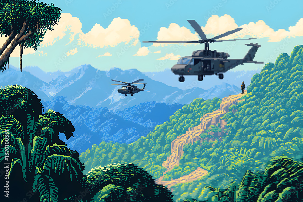 Fototapeta premium 8-bit wallpaper art of wilderness rescue mission navigating treacherous pixel-based tropical terrain 