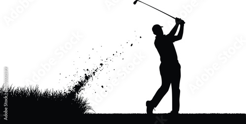 Black and white silhouette golfer taking a swing on the green in a black and white golf scene
