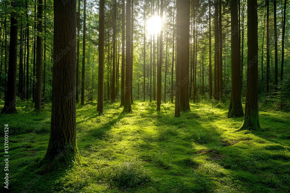 Obraz premium A sunlit forest showcasing tall trees and vibrant green moss