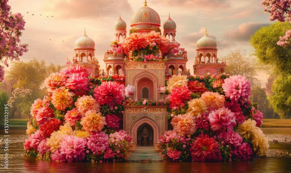 Obraz premium Flower-covered mosque at sunset reflected in water, serene landscape, ideal for backgrounds