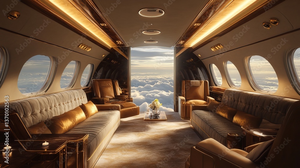 Obraz premium A private jet interior with plush velvet seats, gold accents, and a breathtaking view of the clouds