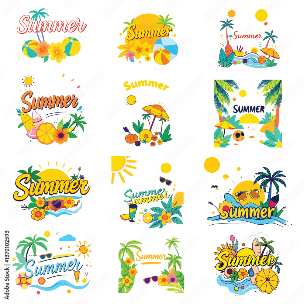 summer icons set vector illustration design with sun and seamless pattern summer icons set vector illustration design with sun and seamless pattern
