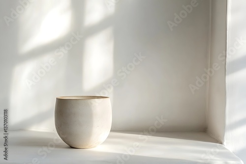 Minimalist ceramic vase on white shelf against wall with sunlight shadows for home decor