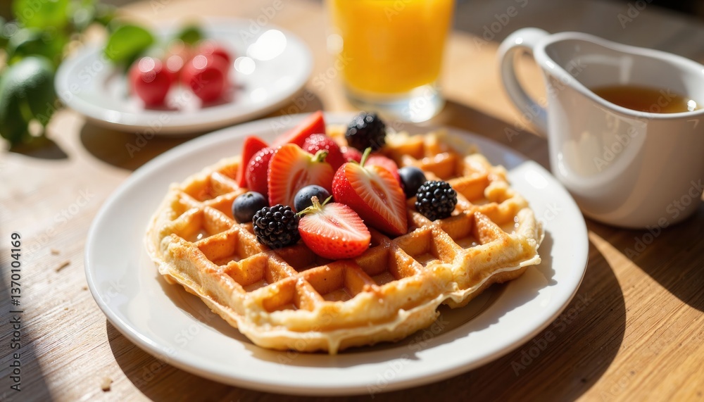 Delicious waffles topped with fresh fruit in cozy dining nook, breakfast joy Delicious waffles topped with fresh fruit in cozy dining nook, breakfast joy