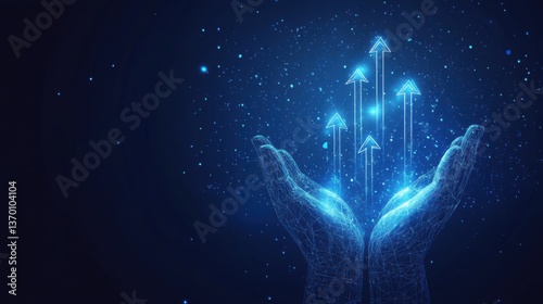 Abstract digital businessman hand holding rising arrows in futuristic style. Successful business and growth strategy concept. Low poly wireframe vector illustration on technological blue background 
