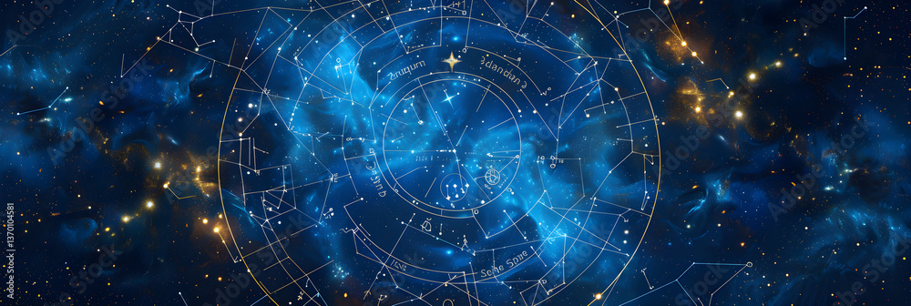 Naklejka premium Celestial Zodiac Wheel: A Journey Through the Constellations from Aries to Pisces