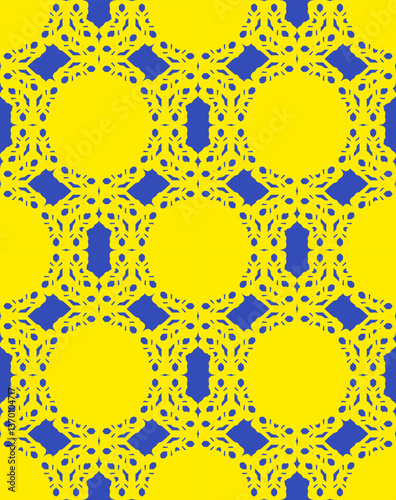 Symmetrical geometric pattern. Bright yellow and deep blue color. Seamless repeat design. Intricate floral shapes. Stylized lattice work. Bold color contrast. Digital illustration. Decorative pattern.