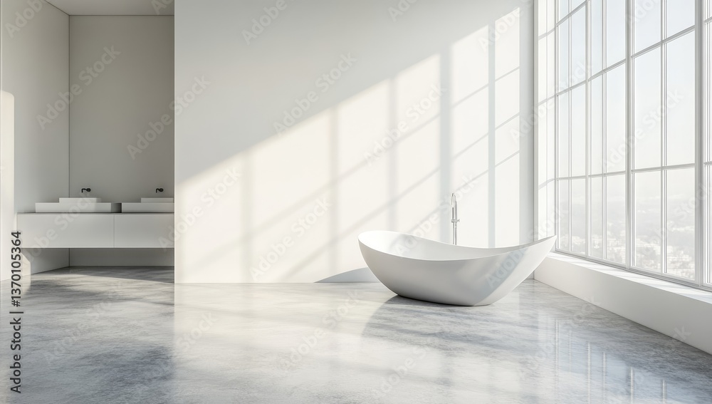 Fototapeta premium Bright Modern Bathroom With Large Windows