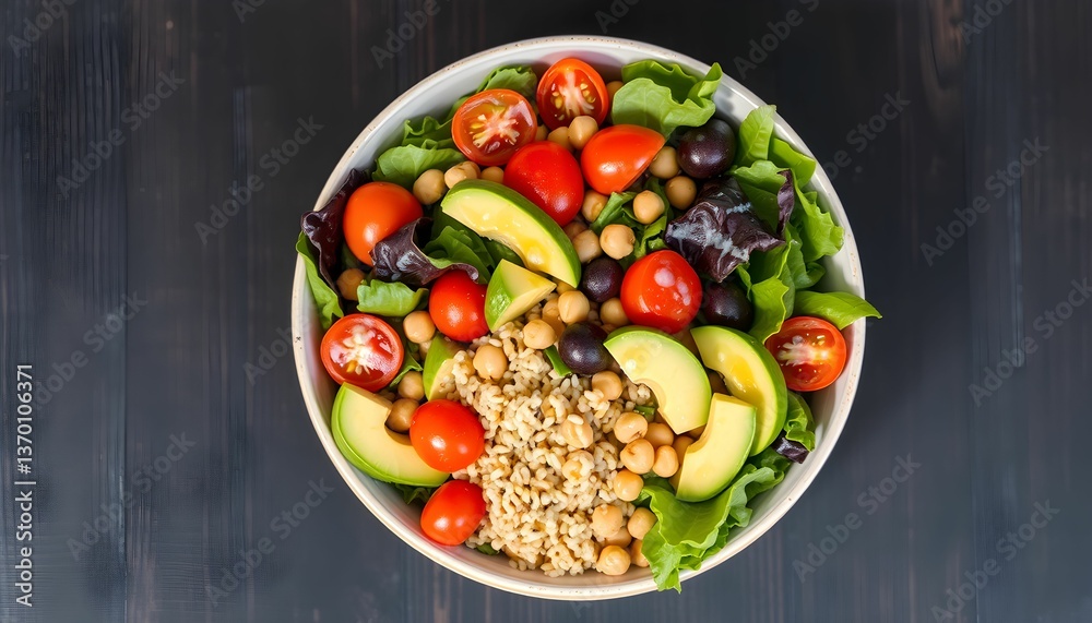 Vibrant salad bowl, rustic wooden table, fresh avocado half, cherry tomatoes, mixed greens, quinoa, colorful vegetables, healthy meal, overhead view, natural lighting Vibrant salad bowl, rustic wooden table, fresh avocado half, cherry tomatoes, mixed greens, quinoa, colorful vegetables, healthy meal, overhead view, natural lighting