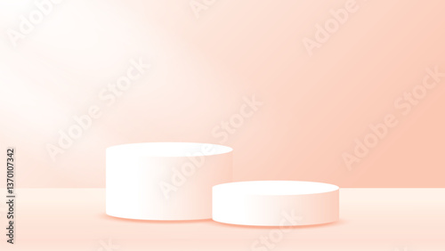 Two white cylindrical pedestals on a soft peach background. 3D rendered illustration with a minimalist aesthetic. Suitable for product display mockups, showcasing items in a clean, modern setting.