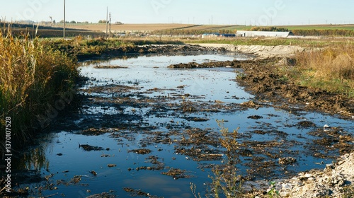 A rural area with visible environmental contamination, showing polluted land and water due to industrial waste.