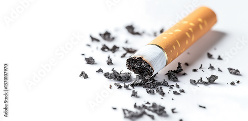 Broken Cigarette with Ash on White Background -  Copy space