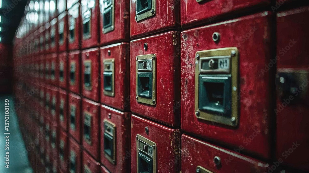 Fototapeta premium Vintage Red Mailboxes in a Dark Corridor of a Post Office Facility